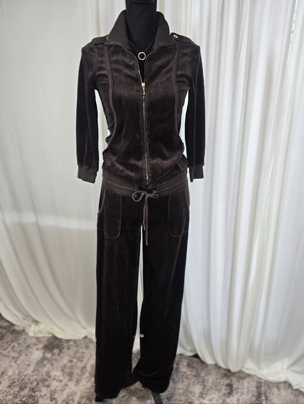 Juicy Couture Y2K Velour Brown Jumpsuit Size Small Zip-up Front